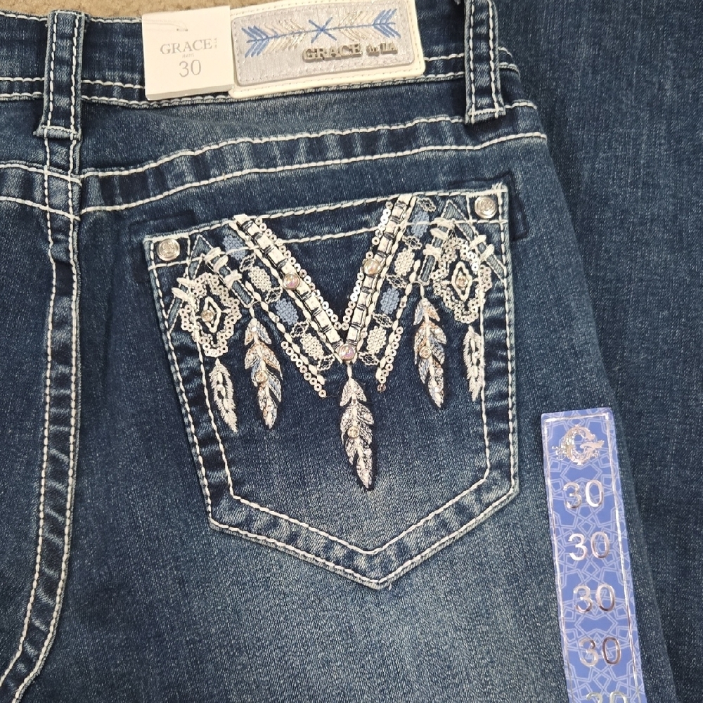 Grace in LA Blue Boot Cut Jeans with Embellished Pockets - Picture 2 of 11